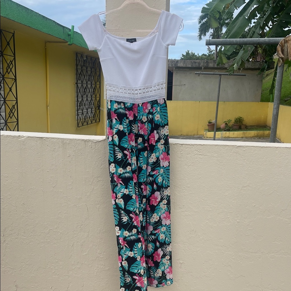 Tropical Floral Jumpsuit with White Lace Top ( S )